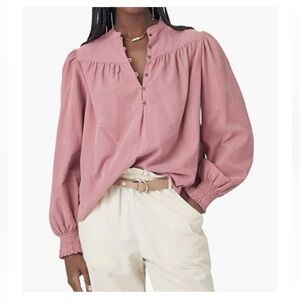 Xirena Women's Rose Corduroy Emilia Cotton Button Puff Sleeve Pullover Blouse L